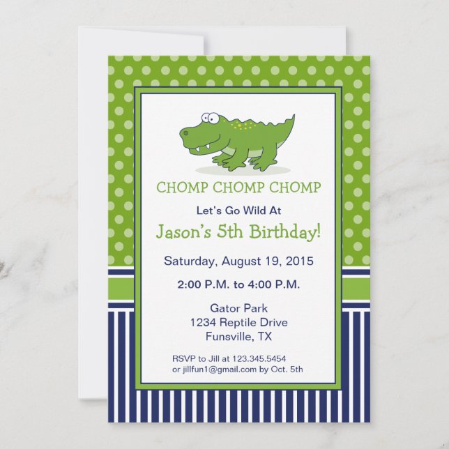 Alligator Anniversaire Fête Invitation Bleu et Ver (Devant)