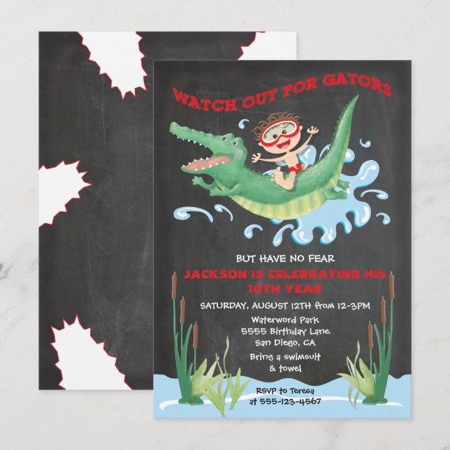 Alligator Anniversaire nage Fête Invitations (Devant / Derrière)