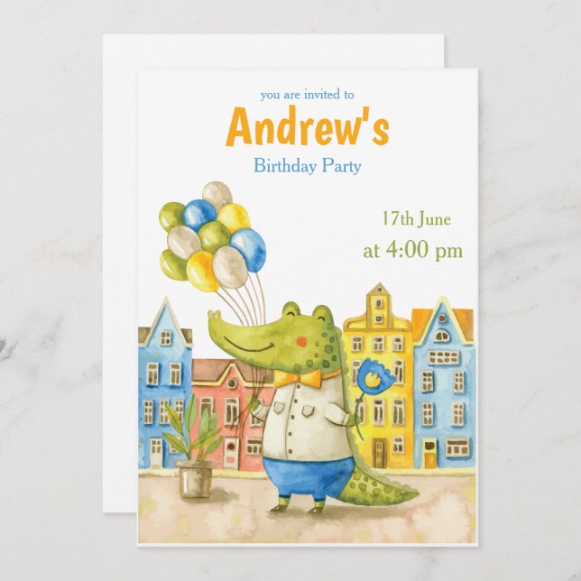 Alligator Aquarelle Crocodile Invitation Anniversa (Devant / Derrière)