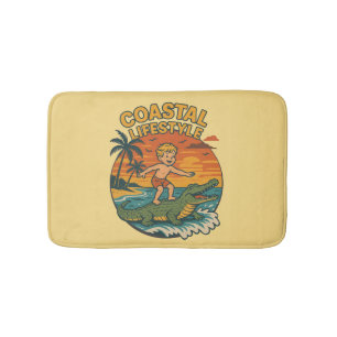 Alligator Beach Surfing   Retro Gator Coastal Surf Bath Mat