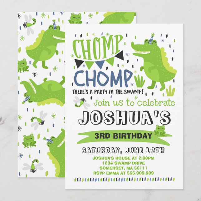 Alligator Birthday Invitation Crocodile Party (Front/Back)