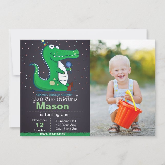 Alligator Birthday Invitation with photo (Front)