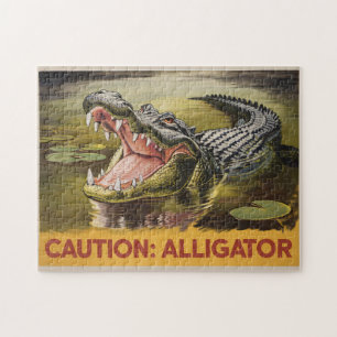 Alligator Caution Illustration Vintage Inspired Jigsaw Puzzle