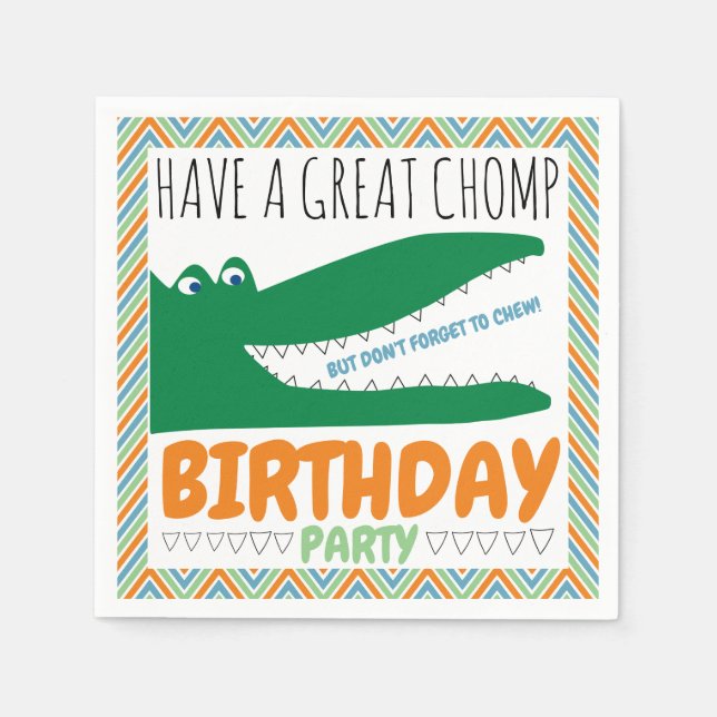 Alligator Chomp, Chevron Birthday Party Napkin (Front)