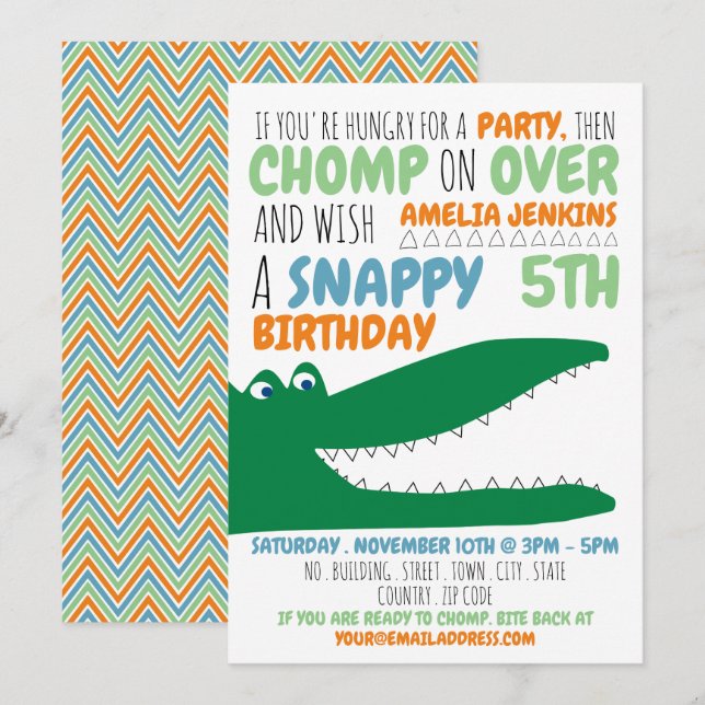 Alligator Chomp, Invitation de fête d'anniversaire (Devant / Derrière)