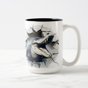 alligator coming out from a wall Two-Tone coffee mug