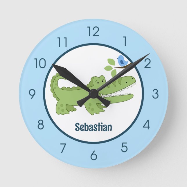 Alligator Crocodile Blue Bird Cute Jungle Nursery Round Clock (Front)