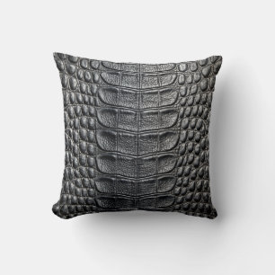 Alligator Crocodile Skin Faux Black Leather  Throw Pillow