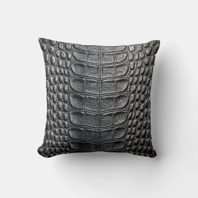 Alligator Crocodile Skin Faux Black Leather  Throw Pillow (Front)