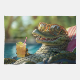 Alligator Enjoying a Poolside Cocktail Kitchen Towel