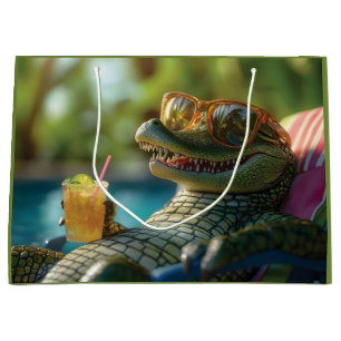 Alligator Enjoying a Poolside Cocktail Large Gift Bag