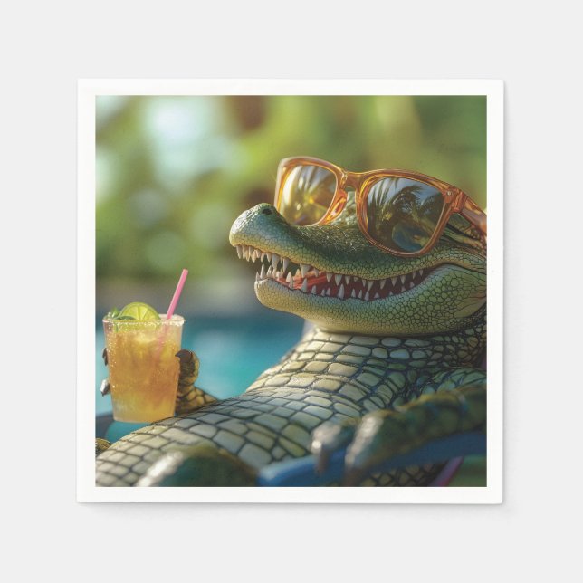 Alligator Enjoying a Poolside Cocktail Napkin (Front)