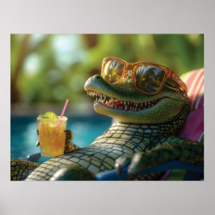Alligator Enjoying a Poolside Cocktail Poster