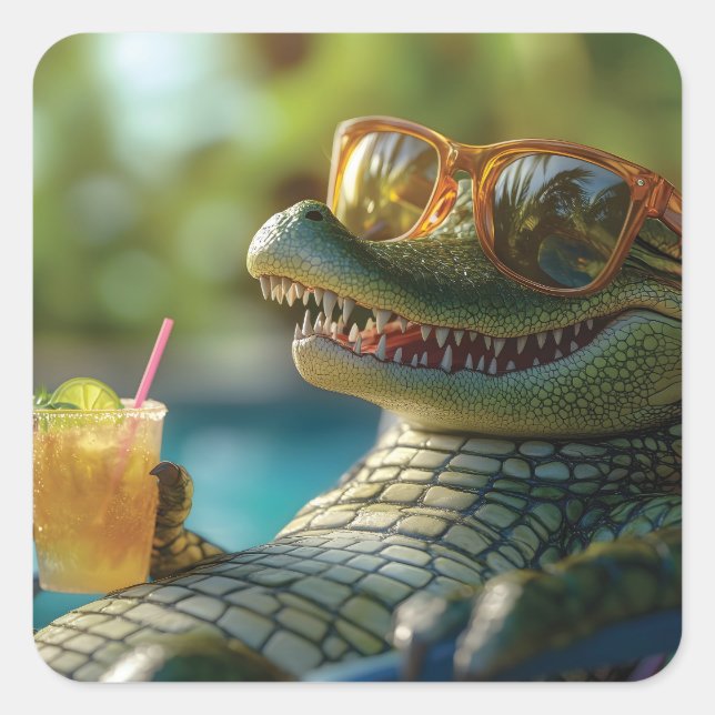 Alligator Enjoying a Poolside Cocktail Square Sticker (Front)