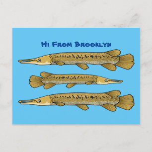Alligator garfish cartoon illustration postcard