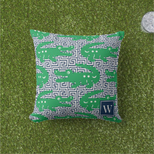 Alligator Greek Key- Green & Navy Monogram Outdoor Pillow