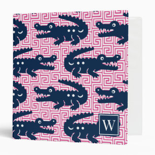 Alligator Greek Key- Hot Pink & Navy Monogram Binder