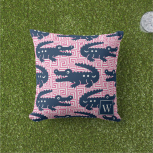 Alligator Greek Key- Hot Pink & Navy Monogram Outdoor Pillow
