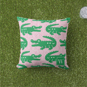 Alligator Greek Key- Pink & Green Monogram Outdoor Pillow
