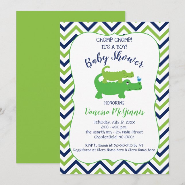 Alligator Green Blue Boy Baby shower Invitation (Devant / Derrière)