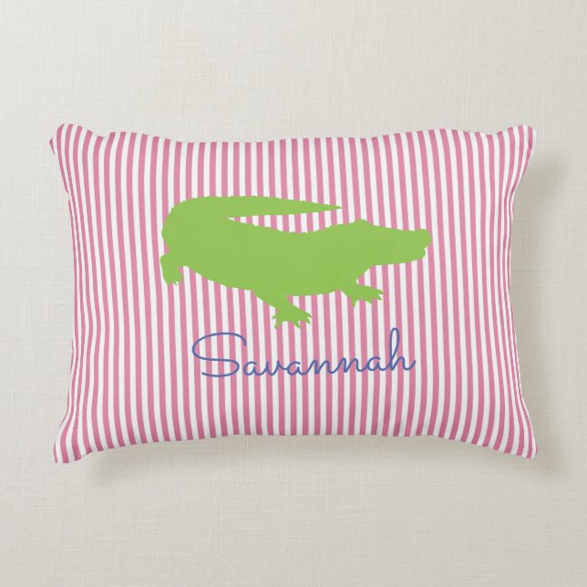 Alligator Green Pink Preppy Personalized Name Accent Pillow (Front)