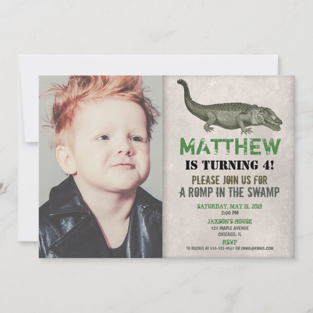 Alligator invitation d'anniversaire, photo de croc (Devant)