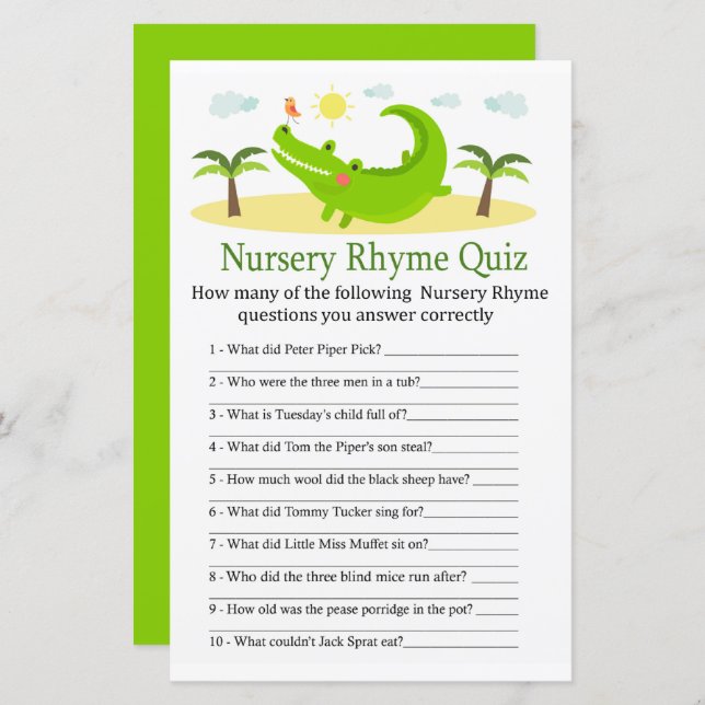 Alligator Nursery Rhyme Quiz baby shower game (Front/Back)