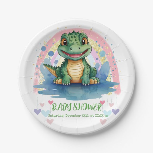 Alligator Pastel Rainbow Colourful Baby Shower Paper Plate (Front)