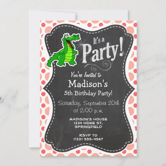 Alligator; Pink & Coral Polka Dots Invitation (Front)