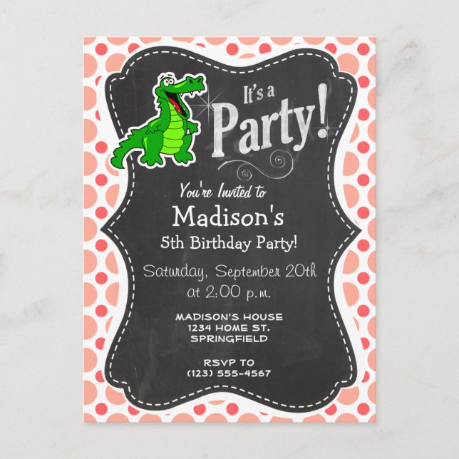 Alligator; Pink & Coral Polka Dots Invitation Postcard (Front)