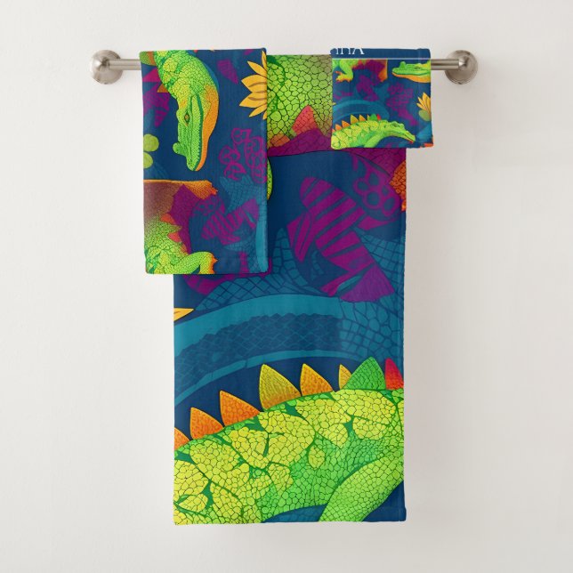 Alligator Rainbow Colourful Personalized Pattern Bath Towel Set (Insitu)