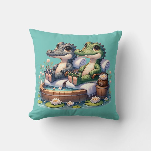 "Alligator Spa Day" Throw Pillow (Front)