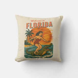 Alligator Surfing Beach Pin-up Retro Coastal Art Throw Pillow