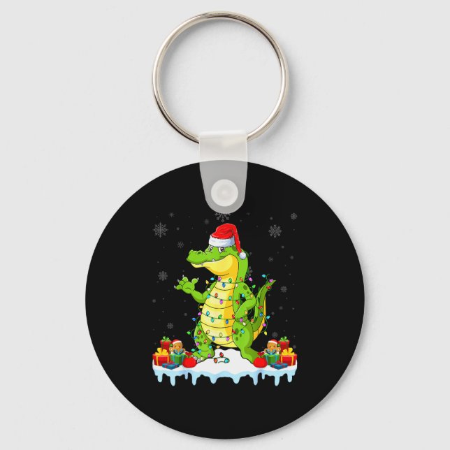 Alligator Wearing Xmas Lights Santa Hat Alligator  Keychain (Front)