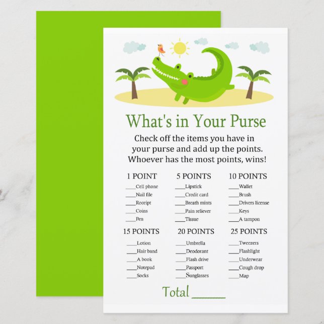 Alligator What's in your purse game baby shower (Front/Back)