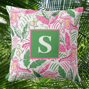 Alligator Wine Pink Green Monogram Preppy Throw Pillow