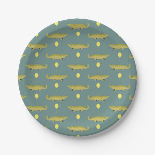 alligator with balloons printed grey paper plate