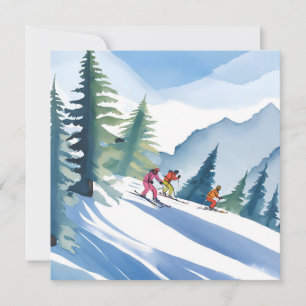Allons Skier Carte Aquarelle d'Hiver