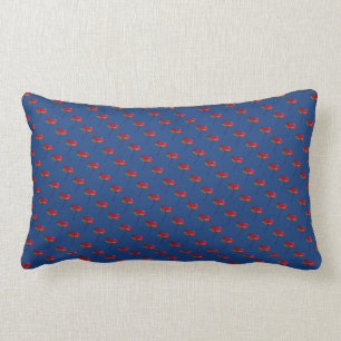 Allover small poppy flower print blue red lumbar pillow
