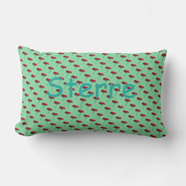 Allover small poppy flower print green red STERRE Lumbar Pillow (Front)