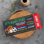 Allstar Sport Ticket Birthday Invitation<br><div class="desc">Celebrate your Birthday Party with our Chalkboard All star sport birthday party Invitation. Design features soccer, basketball, american football, baseball, rugby illustration with editable "it's a game time, join us to kick off and celebrate" in playful style text on black chalkboard background and an admit one sport stadium entrance ticket...</div>