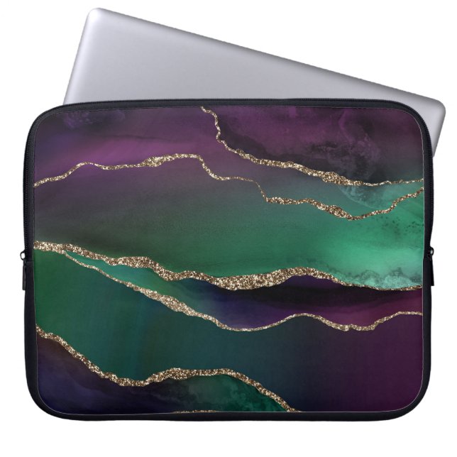 Alluring Agate | Dark Jewel Tone Stone Gold Veins Laptop Sleeve (Front)
