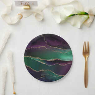 Alluring Agate Dark Jewel Tone Stone Gold Veins Paper Plate