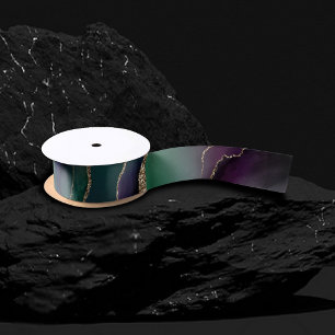 Alluring Agate Dark Jewel Tone Stone Gold Veins Satin Ribbon