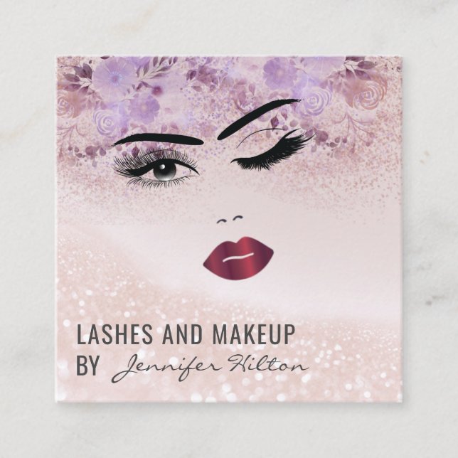 Alluring modern floral sensual girl face square business card (Front)