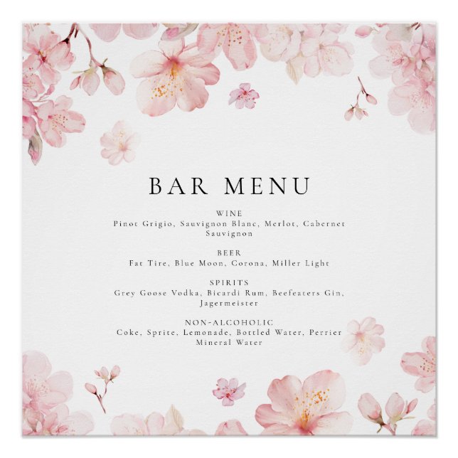 Alluring Pink Cherry Blossom Flowers Bar Menu Poster (Front)