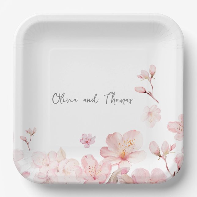 Alluring Pink Cherry Blossom Flowers Paper Plate (Front)