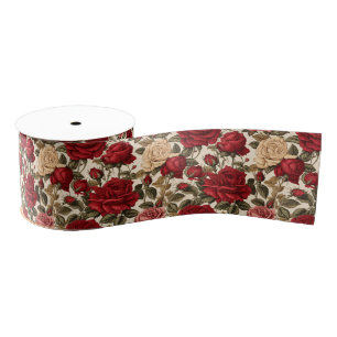 Alluring Red & White Roses - Chic Floral Pattern Grosgrain Ribbon