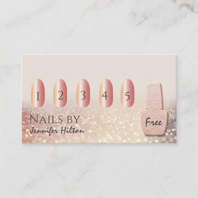 Alluring rose gold glittery nail salon business card (Front)