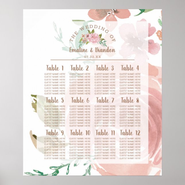 Alluring Rose Vintage Dusty Table Seating Chart (Front)